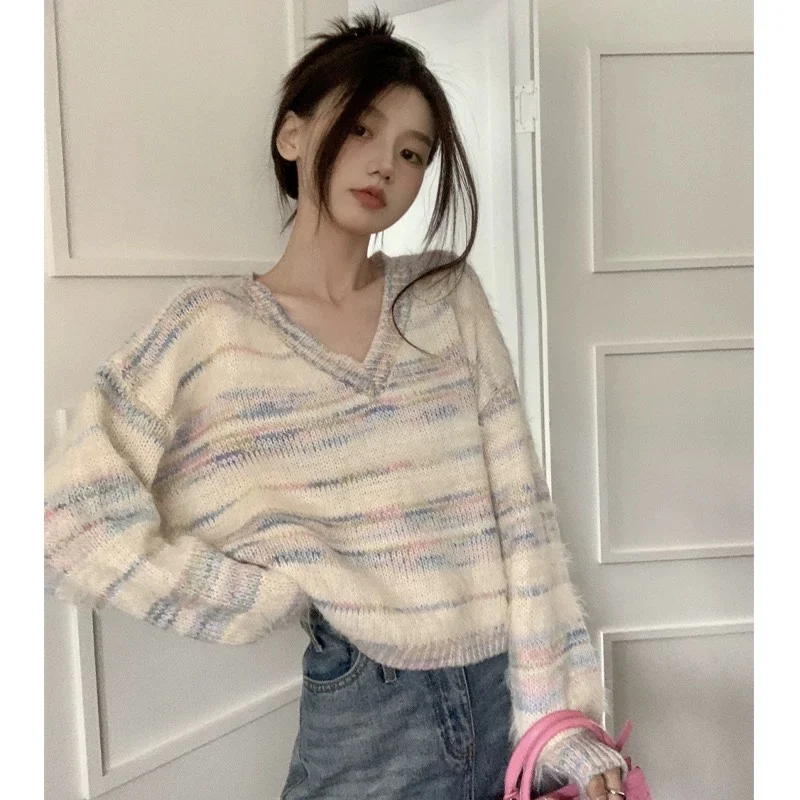 

Deeptown Elegant Striped Sweaters Women Cute Sweet Knitted Pullovers Korean Style Autumn Winter Long Sleeve Aesthetics Crop Tops