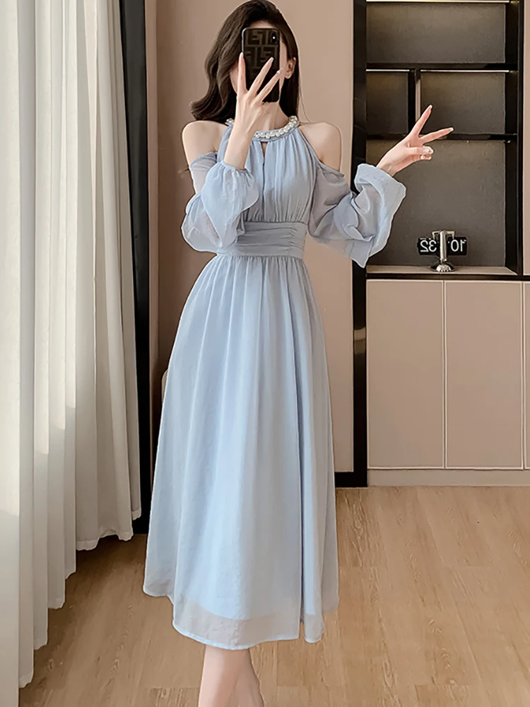 Women Blue Chiffon Off Shoulder Sexy Long Dress Spring Elegant Chic Diamonds Casual Dress 2024 Korean Fashion Bodycon Prom Dress