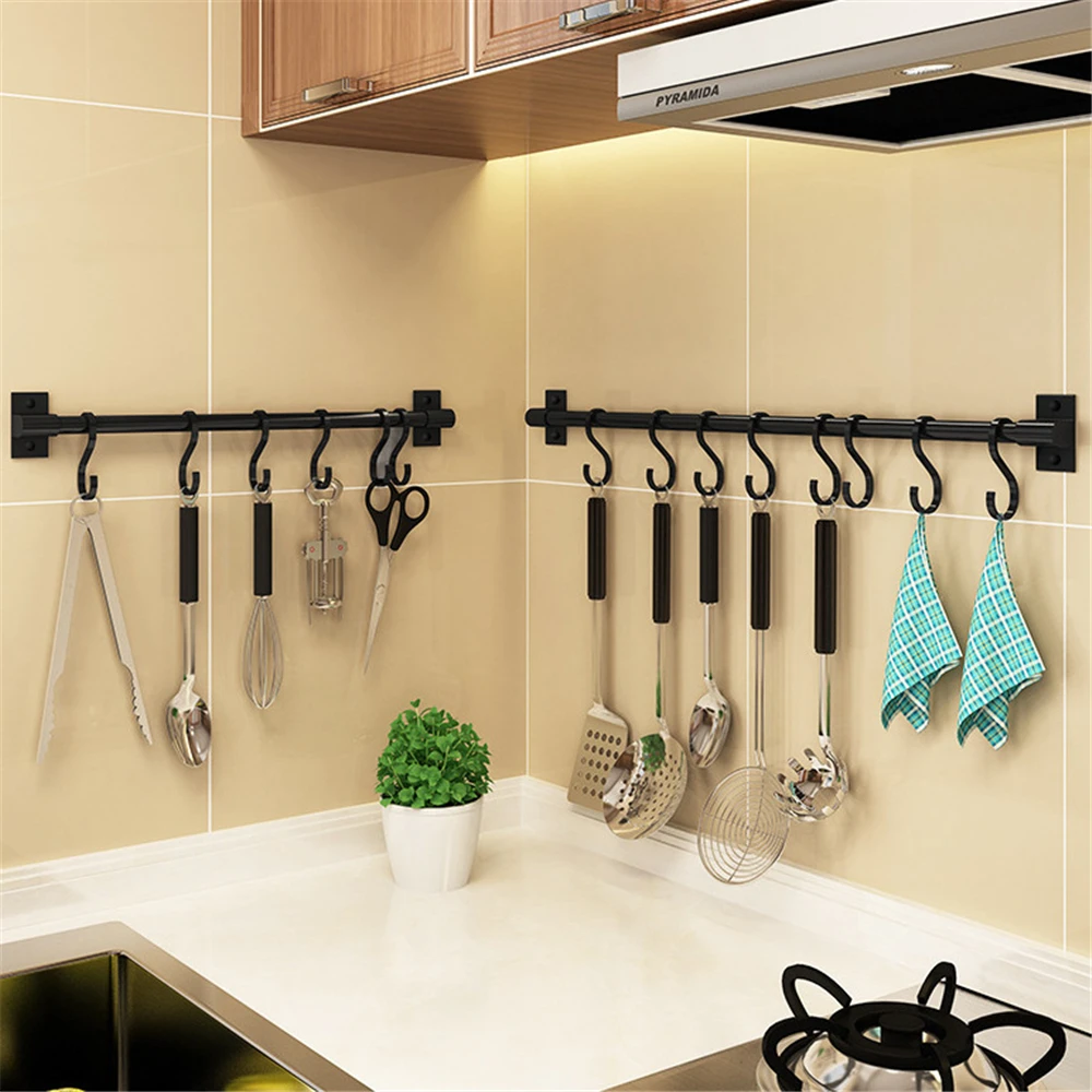 Kitchen Hook Organizer Wall Hanger Spatula Spoon Lid Holder Black Movable Hooks Utensil Storage Rack Cooking Tools Hanging Rod