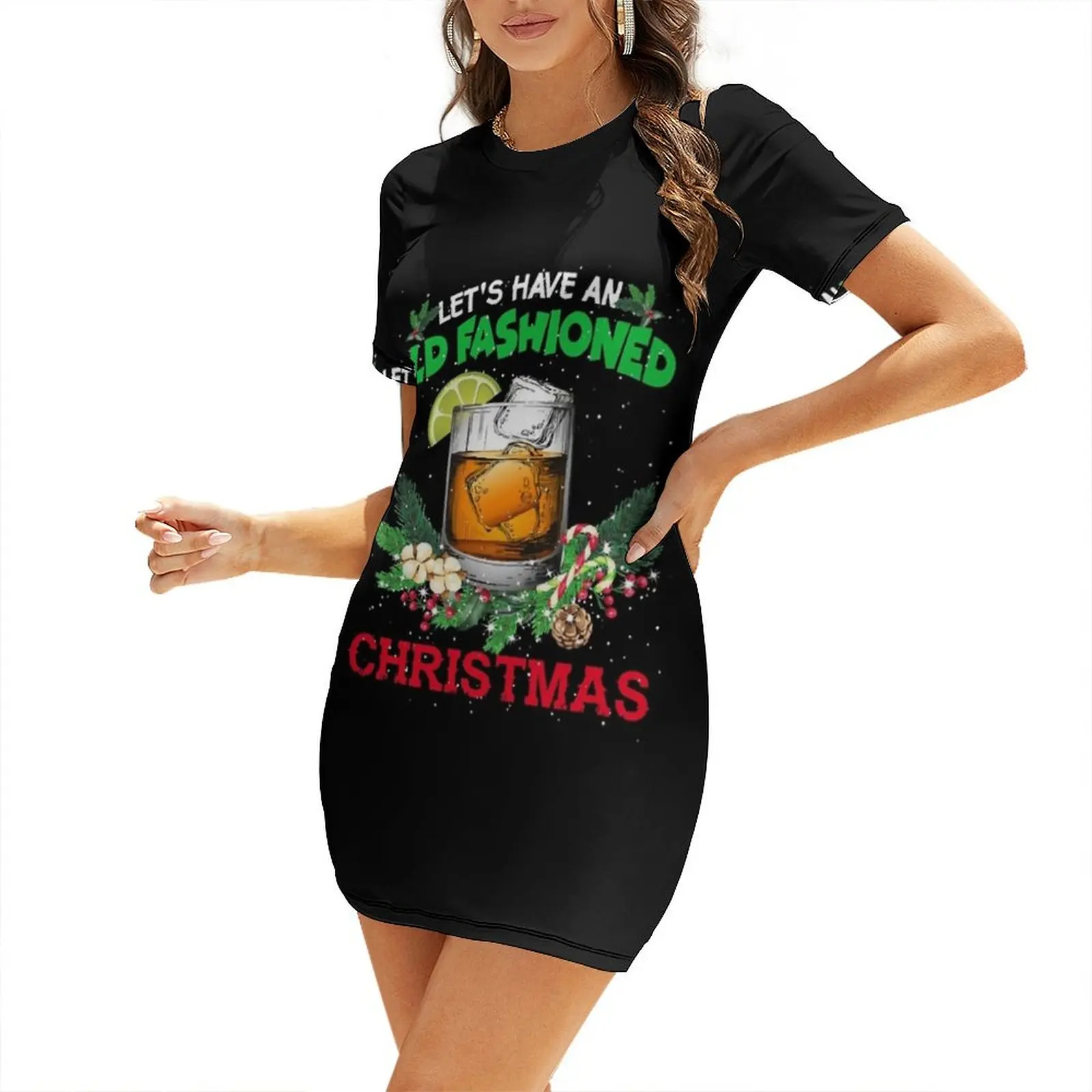 

Old Fashioned Christmas Funny Bourbon Whiskey Cocktail Wine Short Sleeved Dress Women's dress Dress