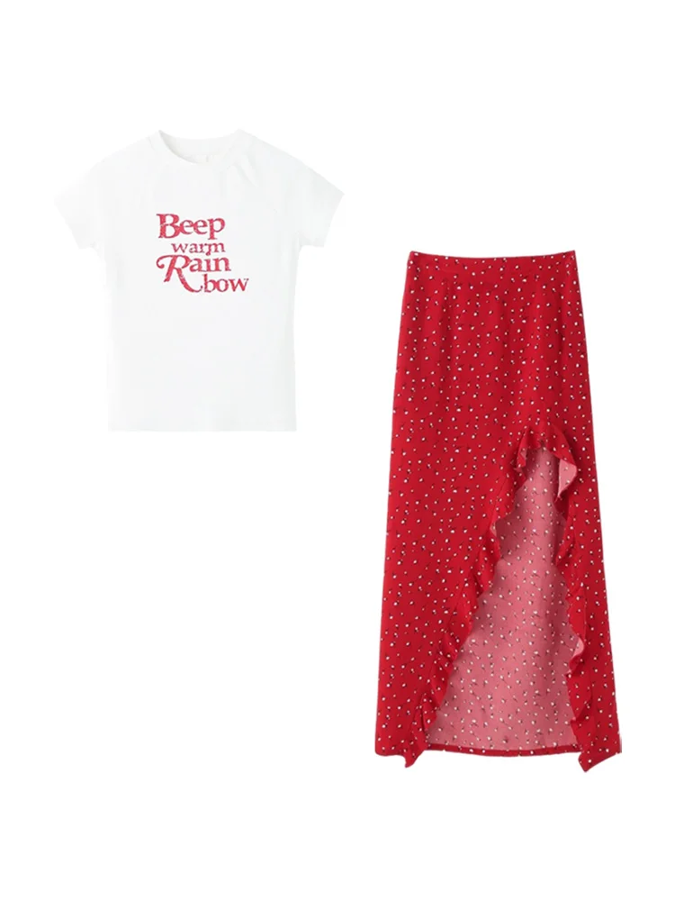 2025 New Summer Beach Vaion Long Skirt Set Women's Red Floral Print Asymmetrical f-length Dr Korean Sle High-waist