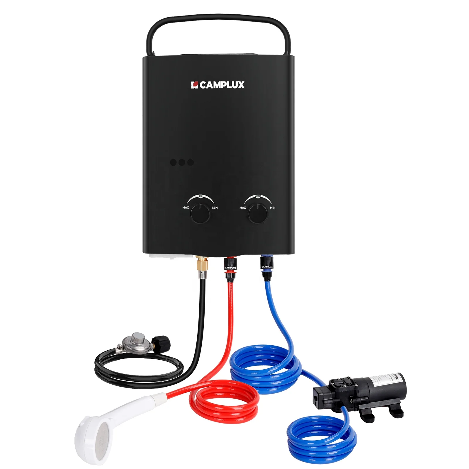 

CAMPLUX AY132BP43 Tankless Water Heater Outdoor, 1.32 GPM Portable Propane Camping Water Heater, 5L, With Pump ,Black