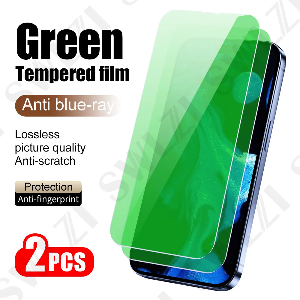 2pcs Green Protective Film For iPhone 16 Pro Max Tempered Glass Phone Screen Protector 15 Plus Anti Blue Light 14 13 12 Mini 11