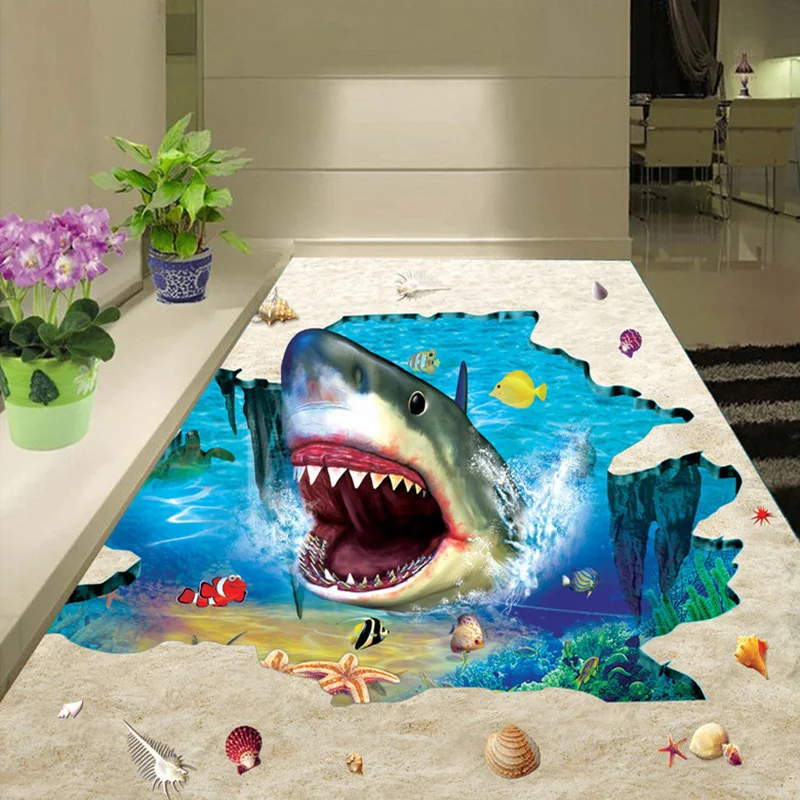 Photo Wallpaper 3D Cartoon Fish Flooring Tiles Murals Bathroom Kids Bedroom PVC Wear Non-Slip Waterproof 3D Wall Paper