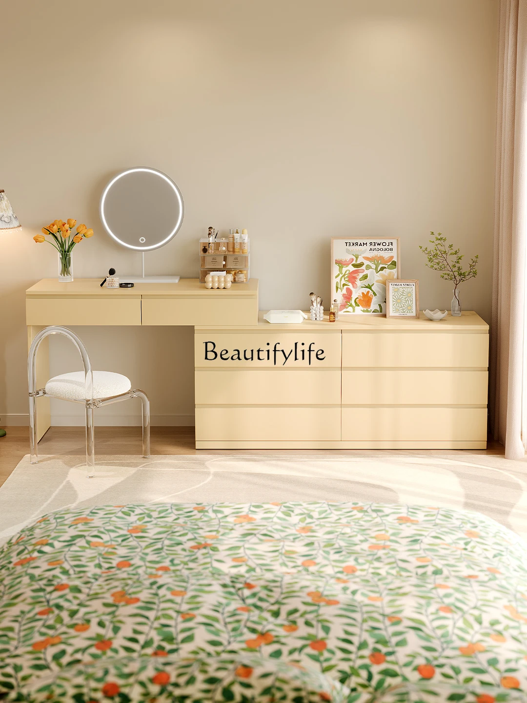 

Solid Wood Dresser Chest of Drawers Integrated Makeup Modern Minimalistic Bedroom Tailstock Color Dresser