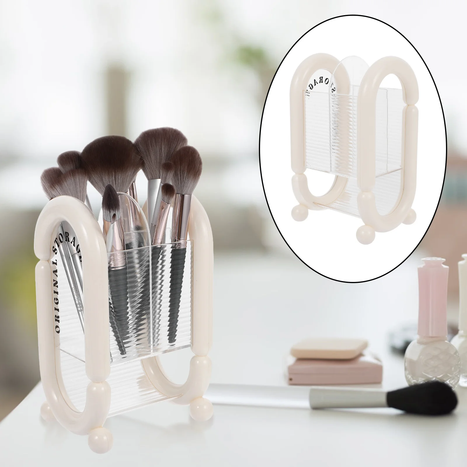 

Premium Makeup Brush Organizer Holder Ample Storage for Eyeliners Brow Pencils Powder Puff Minimalist Vanity Organizer Solution