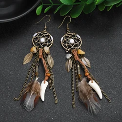 Boho Vintage Women's Dream Catcher Feather Earrings Handmade Stone Flower Tassel Earrings Female Ethnic Fashion Indian Jewelry