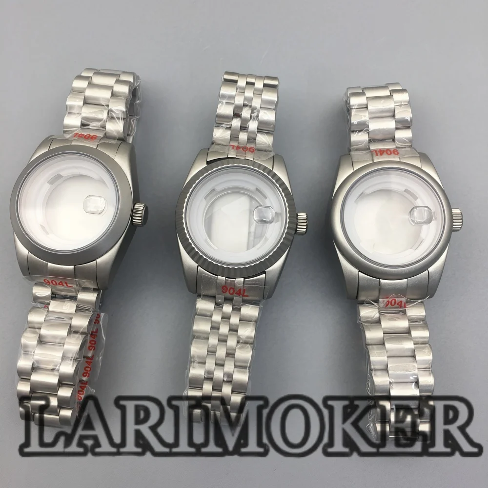 LARIMOKER 31 مللي متر علبة فضية غير لامعة من الفولاذ المقاوم للصدأ مع حزام مستدير مصقول مزمر زجاج الياقوت لحركة NH05 NH06