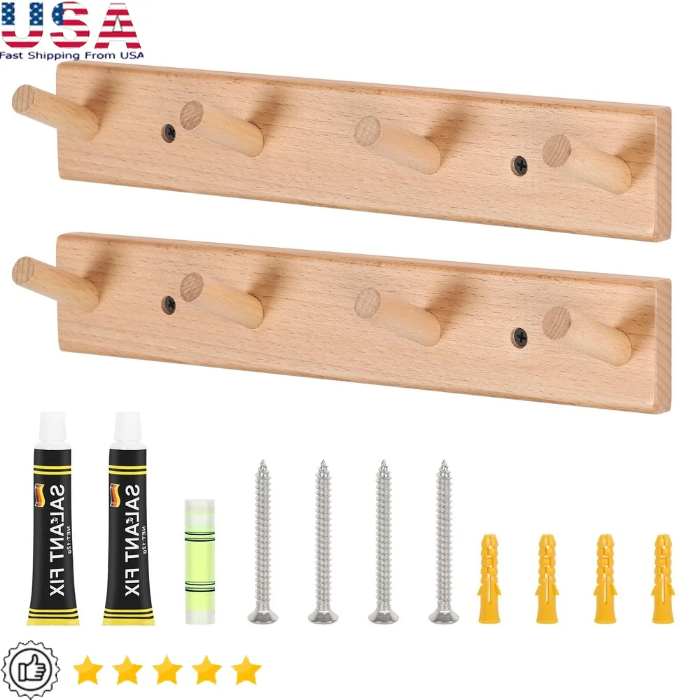 

2 Pack Wall Mounted Wood Coat Rack with 4 Hooks Entryway Bedroom Living Room Storage Space Saving Decor