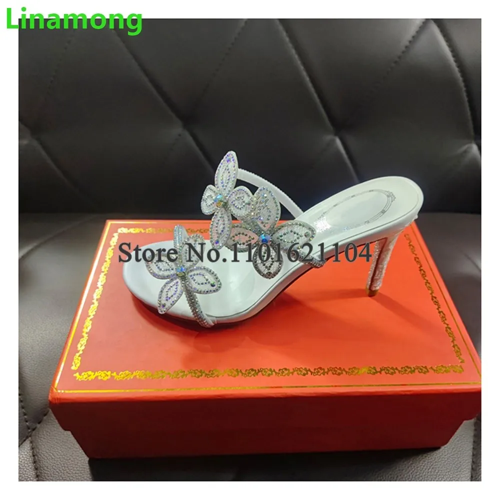 White Flowers Luxury Design Slippers For Female Women 2024 New Thin High Heel Round Toe Sexy Elegant Shallow Party Outside Shoes