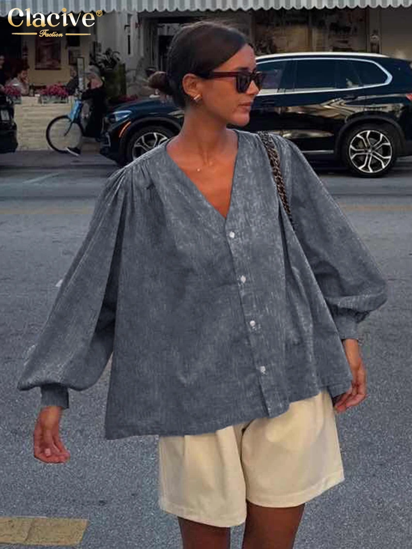 Clacive Fashion Loose Blue Linen Women's Shirt 2025 Casual V-Neck Puff Sleeve Shirts Elegant Classic Solid Tops Female Clothing