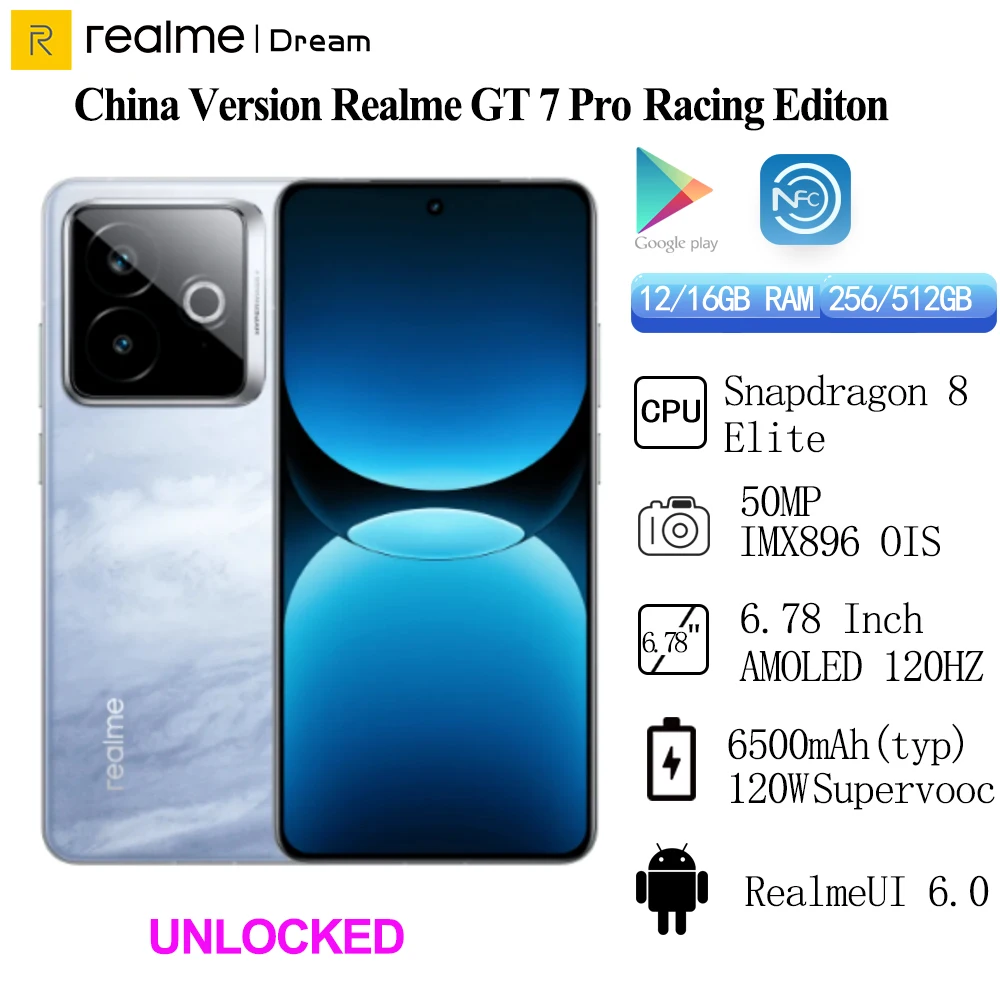 New Realme GT 7 Pro Racing Edition  6500mAh 120W Supervooc Snapdragon8 Elite 50MP  IMX896 OIS 6.78Inch AMOLED 120Hz IP69