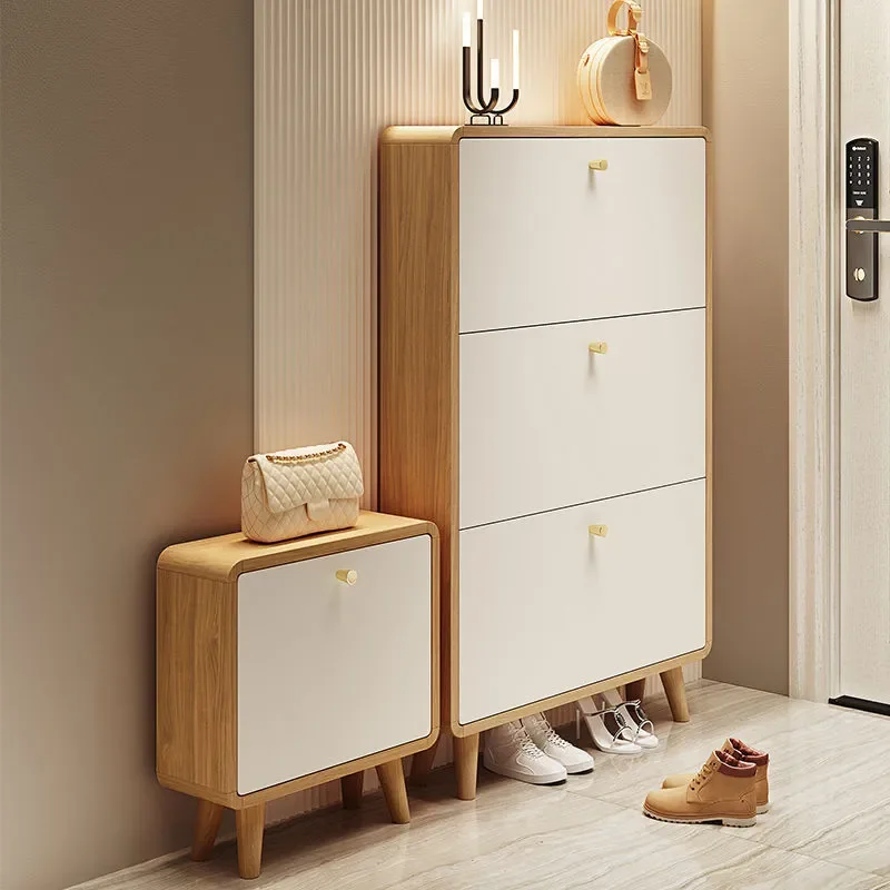 Nordic Slim Shoe Cabinet Solid Wood Legs Wall Mounted Tipping Bucket Entryway Storage Rack Space Saving Home Furniture
