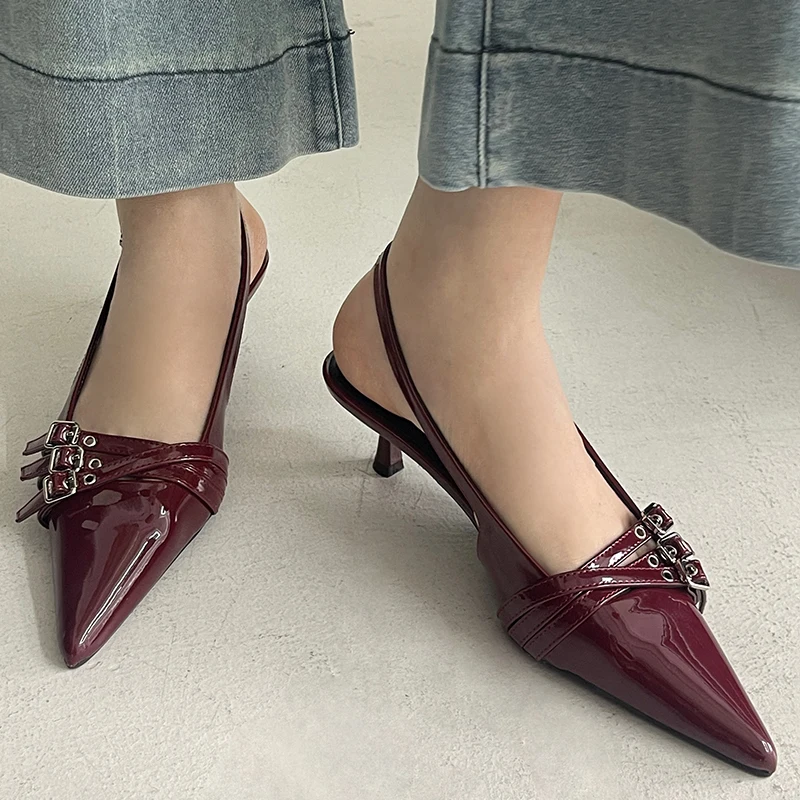 Slingbacks Pumps New Ladies Medium Heels Shoes Female Shallow Fashion Pointed Toe Footwear Women Heeled Shoes Wine Red 2024