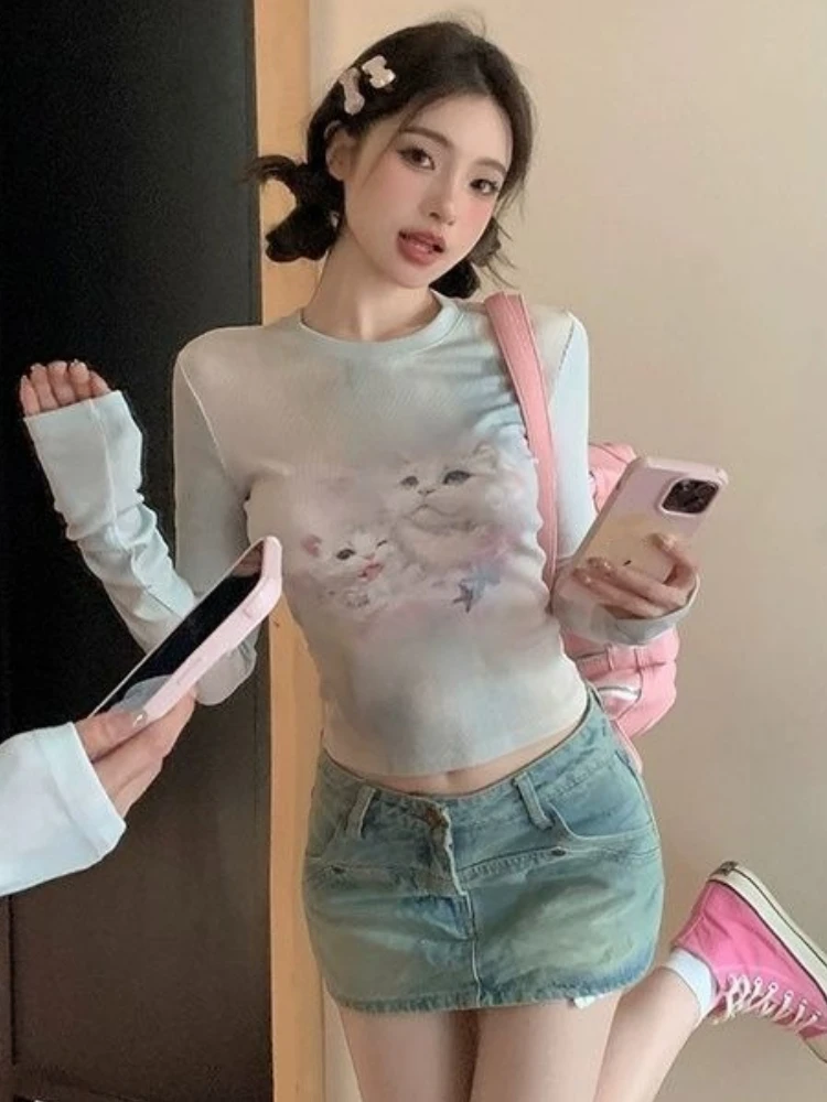 Japanese Korean Y2k Tie Dye Tshirts Sweet Kawaii Letter Cat Print Women T-shirt All Match Aesthetic Long Sleeve Tee Shirts Femme