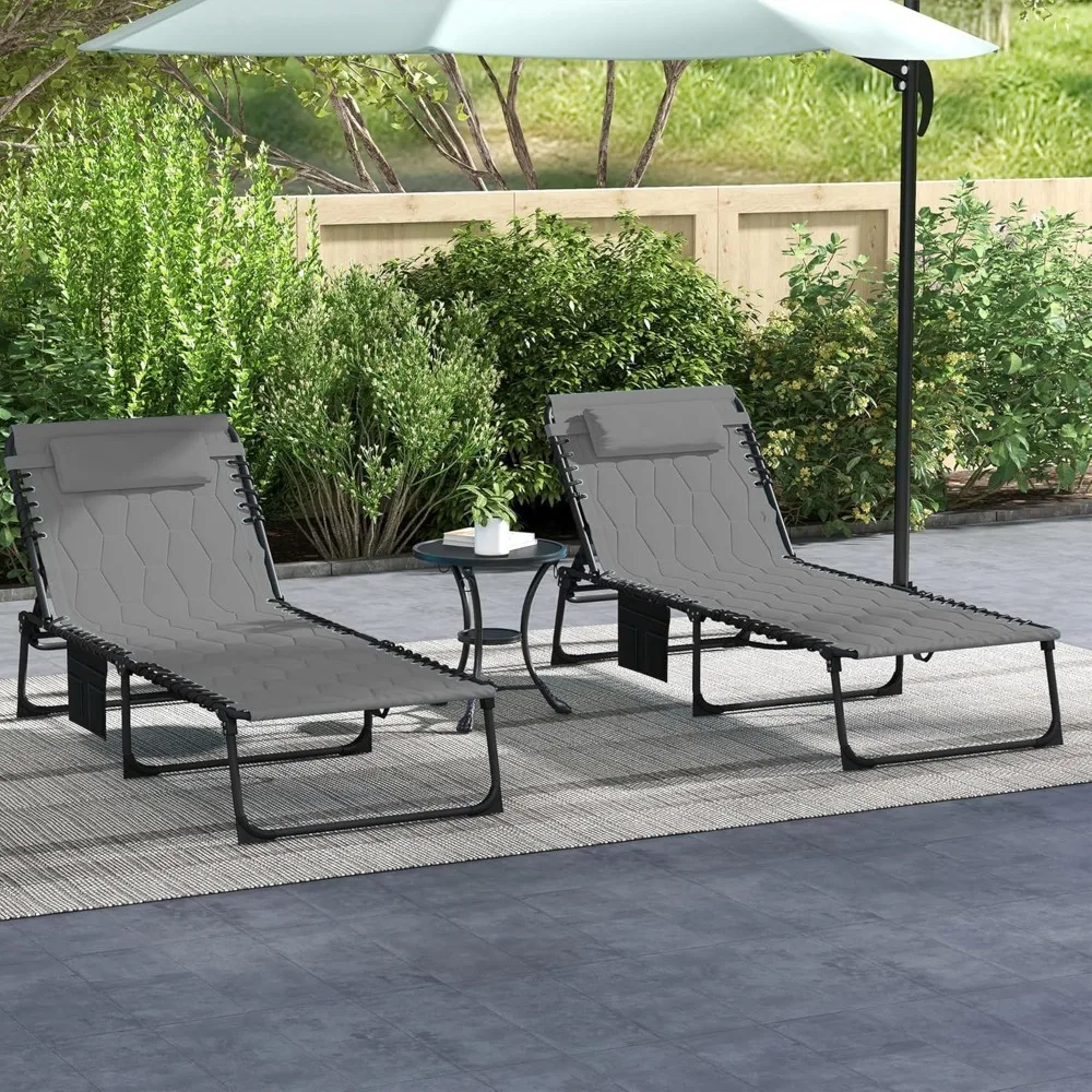 

Padded Folding Chaise Lounge Chair Outdoor Set of 2, 5-Level Reclining Patio Loungers, Tanning Chairs with Side, Customized