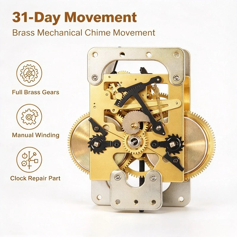 31 Days Wind-up Clock Movement B2 Model, All Copper Mechanical Chime Movement, Replacement Accessory for Wall Clock