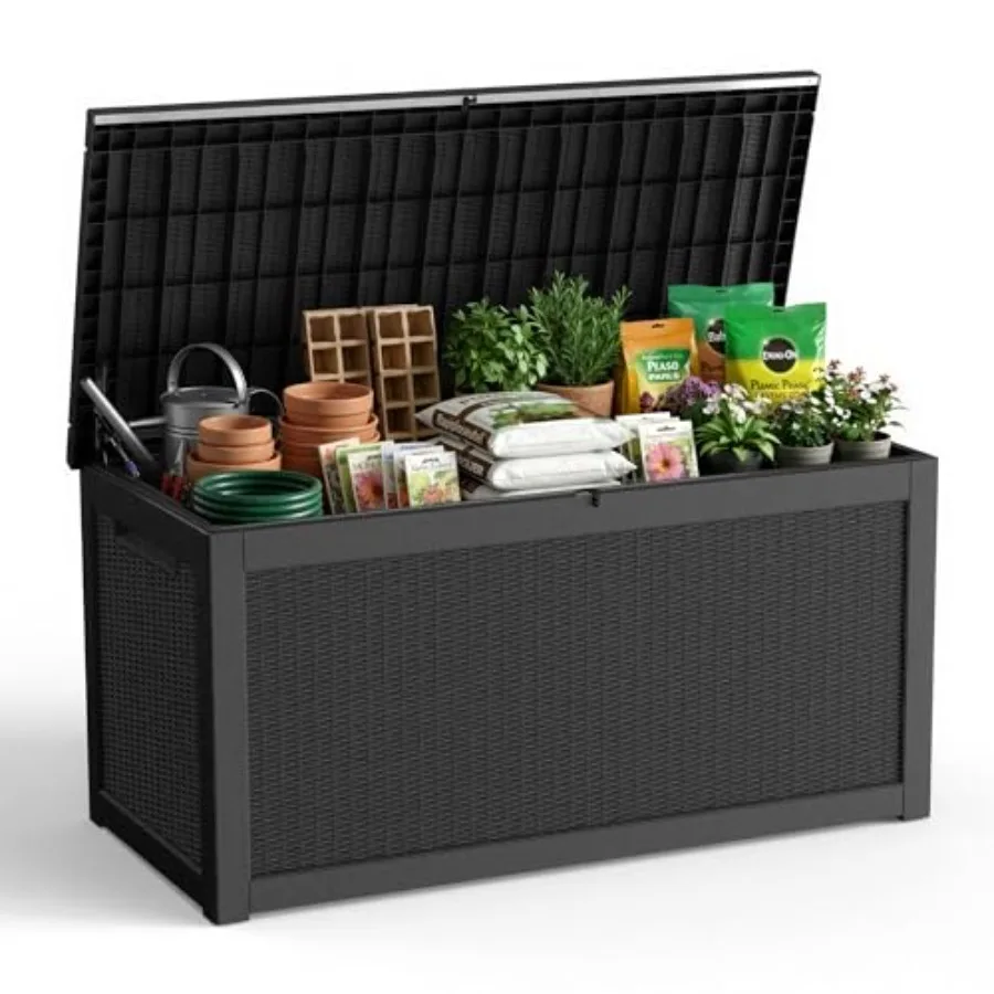 

320 Gallon Deck Boxes Outdoor Waterproof Resin Storage Box UV Resistant Black Lockable Lid for Patio Pool Garden Tools