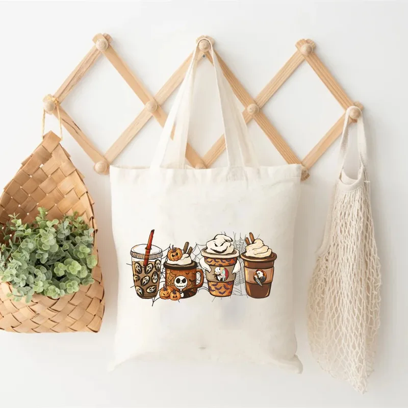 아이들이 냄새내린다 만화 컵 패턴 토트백 캔버스 숄더백 여행용 일상 통근용 여성용 재사용 쇼핑백 귀여운