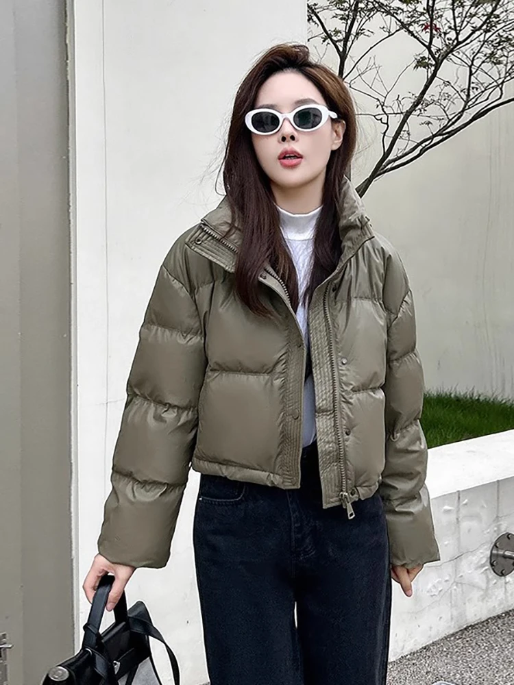 

Куртка-пуховик из искусственной кожи Wa-Free, свободного кроя, с воротником-стойкой, в корейском стиле, новинка зимы для невысоких.