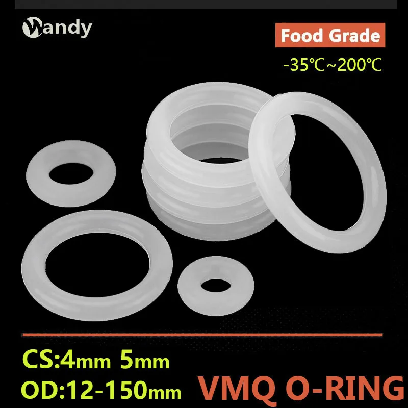 VMQ O Ring Seal Gasket CS 4mm 5mm OD 12mm~150mm Silicone Rubber Insulated Waterproof Washer Round Shape White Nontoxi