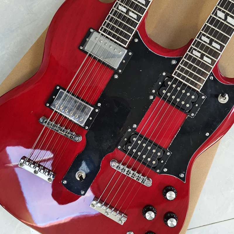 Red double-headed electric guitar solid mahogany body Rosewood fingerboard chrome-plated hardware Wine Red  Double Neck Electric