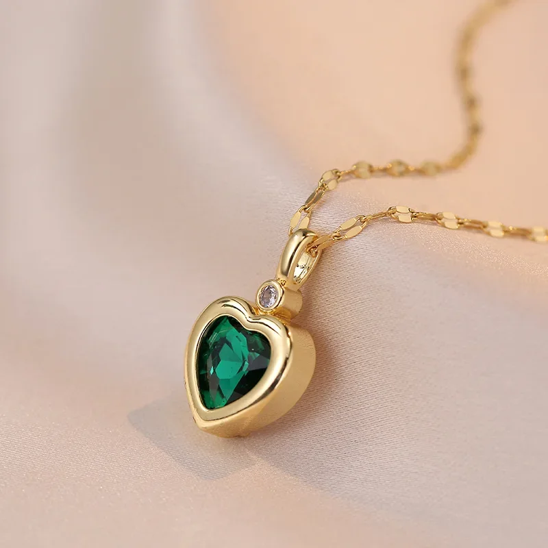 Colorful Zircon Love Heart Pendant Necklaces for Women Girls Stainless Steel Chain Trendy Romantic Jewelry Accessories Gifts