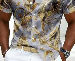 Men's Shirt Golden Scroll Leaf Print Short Sleeve Button Down Shirts Turn Collar Party Stylish Summer Casual Tops Men Clothing
