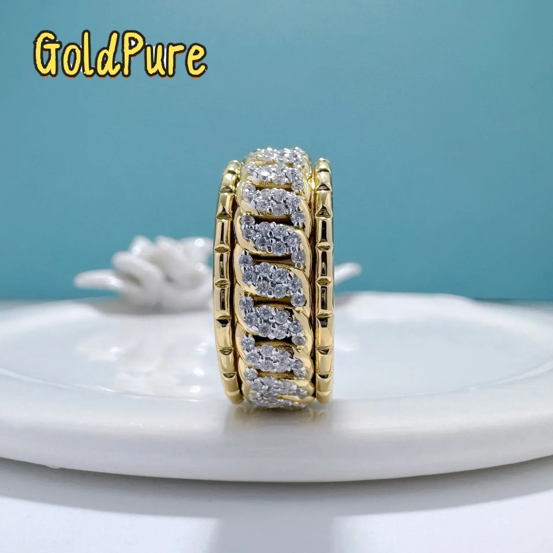 

Кольцо Goldpure Luxury из 100% настоящего 18-каратного золота для женщин, в стиле хип-хоп, с вращающимся дизайном кубинской цепи и бриллиантами, с моассанитом.