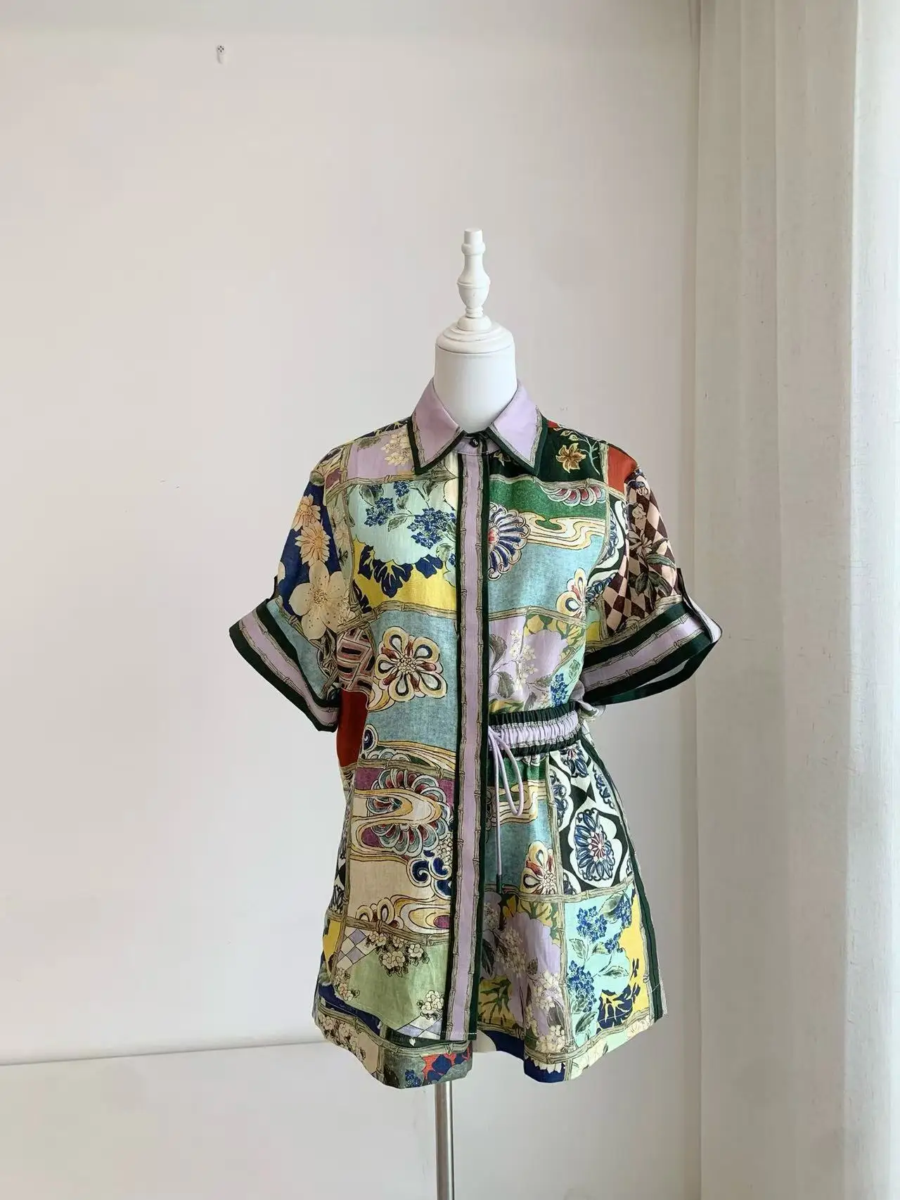 

100% Linen Short Sleeve Fashion Retro Print Shirt Top + Beach Style Shorts Set Casual Summer Outfit 2025