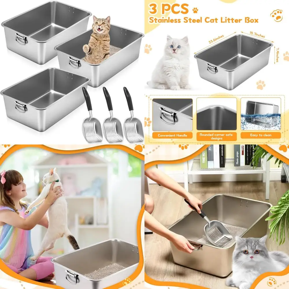 

Большой набор кошачьего туалета из нержавеющей стали с ручкой и лопаткой, металлическая сковорода с антипригарным покрытием, идеально подходит для легкой уборки и удобства