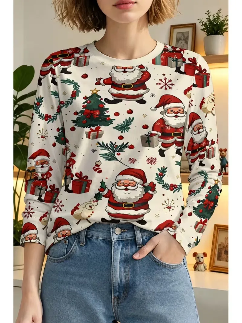 Elegant Casual Christmas Tree and Santa Claus Pattern Women Shirts 2026 New Spring Autumn Long Sleeve Tops Blouses Ladies Shirts