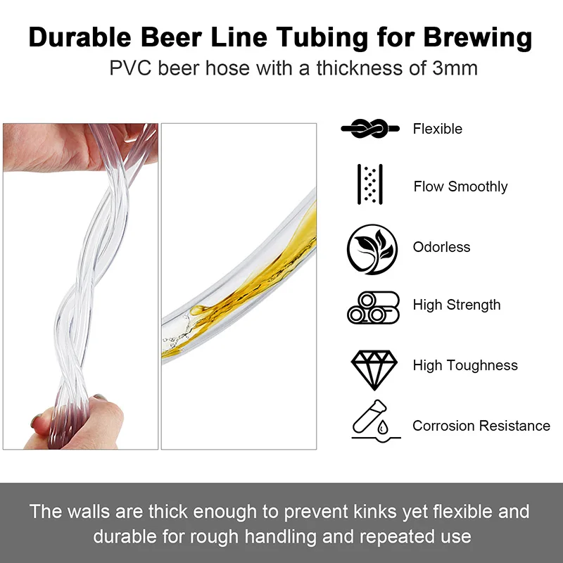 3M/5M PVC Hose, Food Grade Brewing Beer Pipe ID 7mmx OD 12mm, High Toughness Tubing Draft Kegerator Beer Beverage Dispenser Line