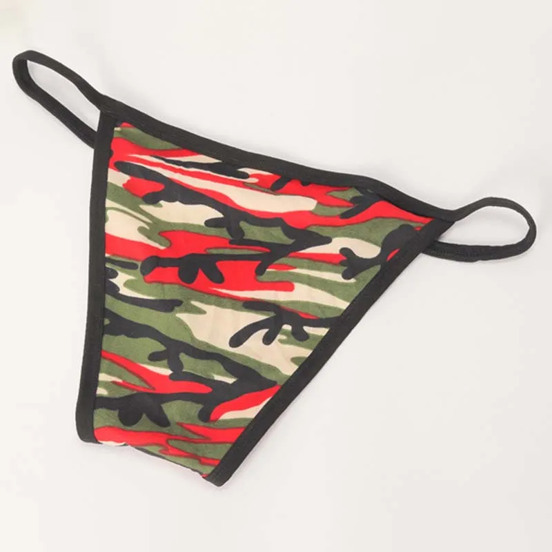 Men's Sexy Camo G-String Briefs Print Lingerie Bikini Underwear Panties T-Back Side Open Hip Underpants U Convex Pouch Thong