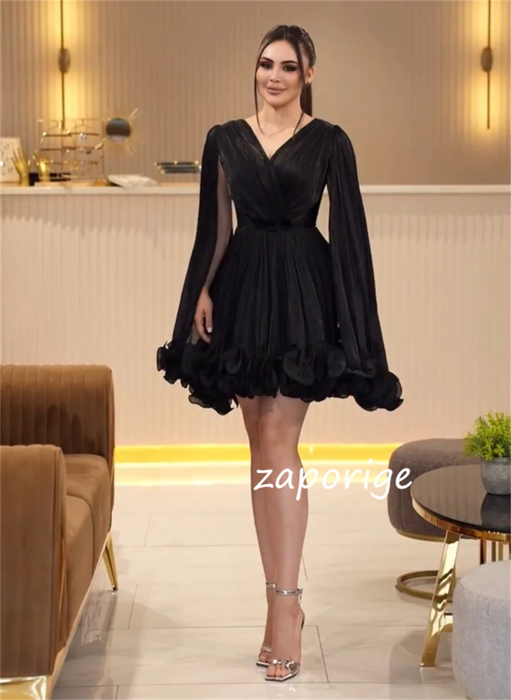 Customized Sexy Chiffon Pleat Ruched  A-line V-neck Mini Dresses Bespoke Occasion Modern Style Pastrol Casual