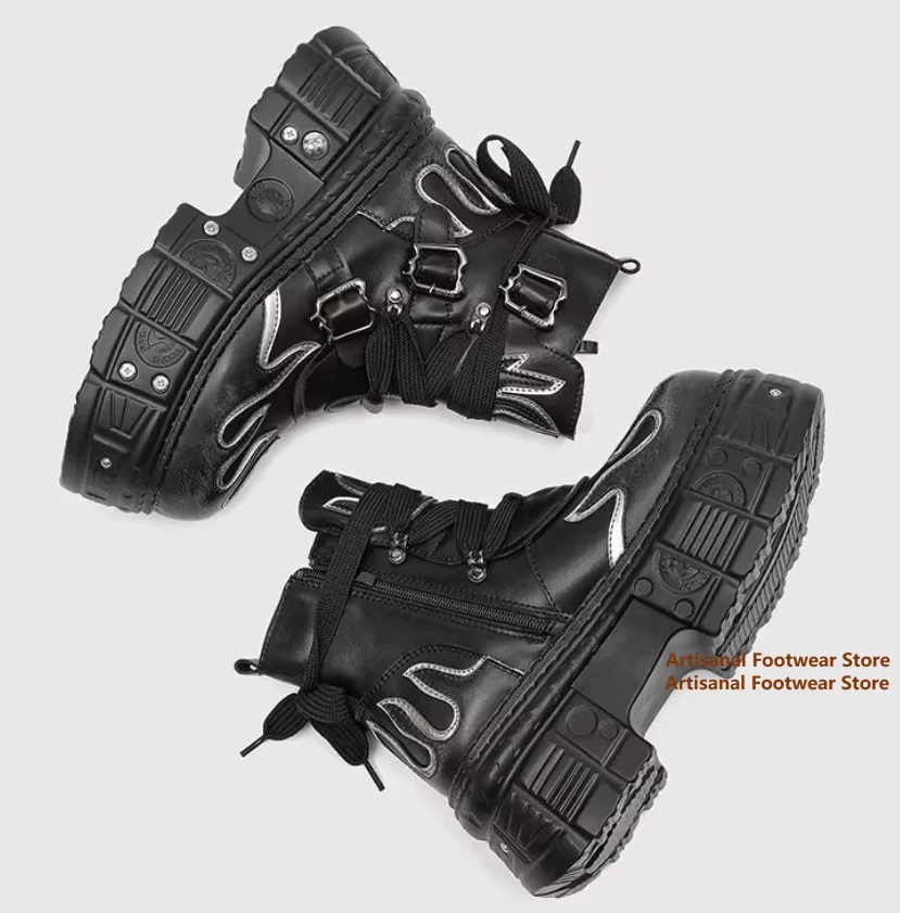

Thick Soled Men's Boots Stylish Flame Printed High Top Motorcycle Boots Trendy Lace Up Side Zipper Height-Increasing Men Shoes