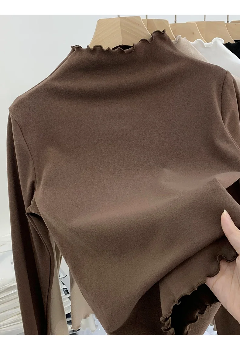 تي شيرت نسائي مزدوج الجوانب من الف fce السميك، تصميم نحيف، ياقة نصف عالية، قميص داخلي، حواف بتصميم خشبي، ألوان نقية، موضة ...