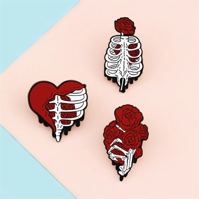 Red Rose Flower Enamel Pins Anatomical Rib Cage Heart Hand Bone Brooches Lapel Pin Badges Bag Gothic Punk Jewelry for Women Men