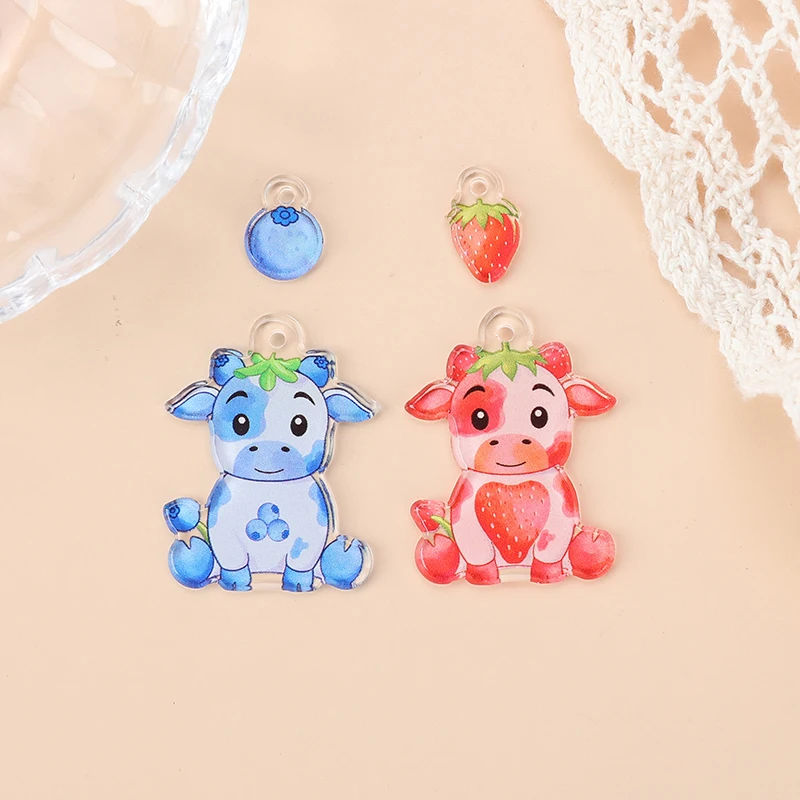 1 Set Cute Cattle Charms Creative Acrylic Blueberry And Strawberry Pendant For Necklace Keychain Diy Making Accessories