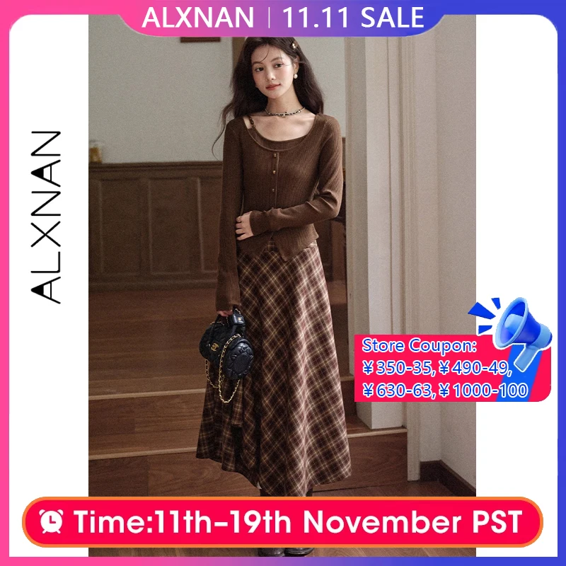 ALXNAN المرأة الخريف سترة 2025 البني خمر أنيقة بلوفر مغزول كاذبة طبقتين طوق غير المتماثلة هيم تريكو L569116 #1