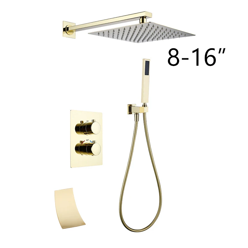 KEMAIDI Bathroom Brass Thermostatic Rainfall Shower Faucet Set Gold Concealed Shower System Waterfall Tub Spout Mixer Tap Wall 