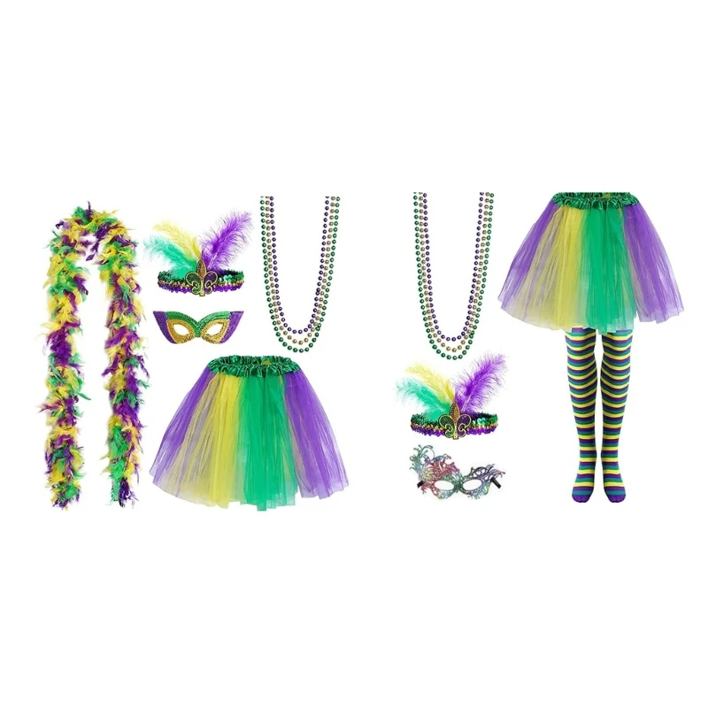 

Mardi Gras Costume Set with Bead Necklace Stripe Stockings LasVegas FatTuesday Decoration Carnival Party Props Drop shipping