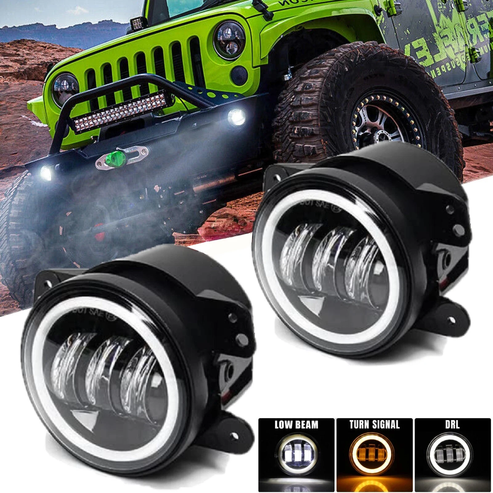

4 Inch LED Fog Lights With White Halo Ring DRL Amber Turn Signal Lamp For Jeep Wrangler JK TJ