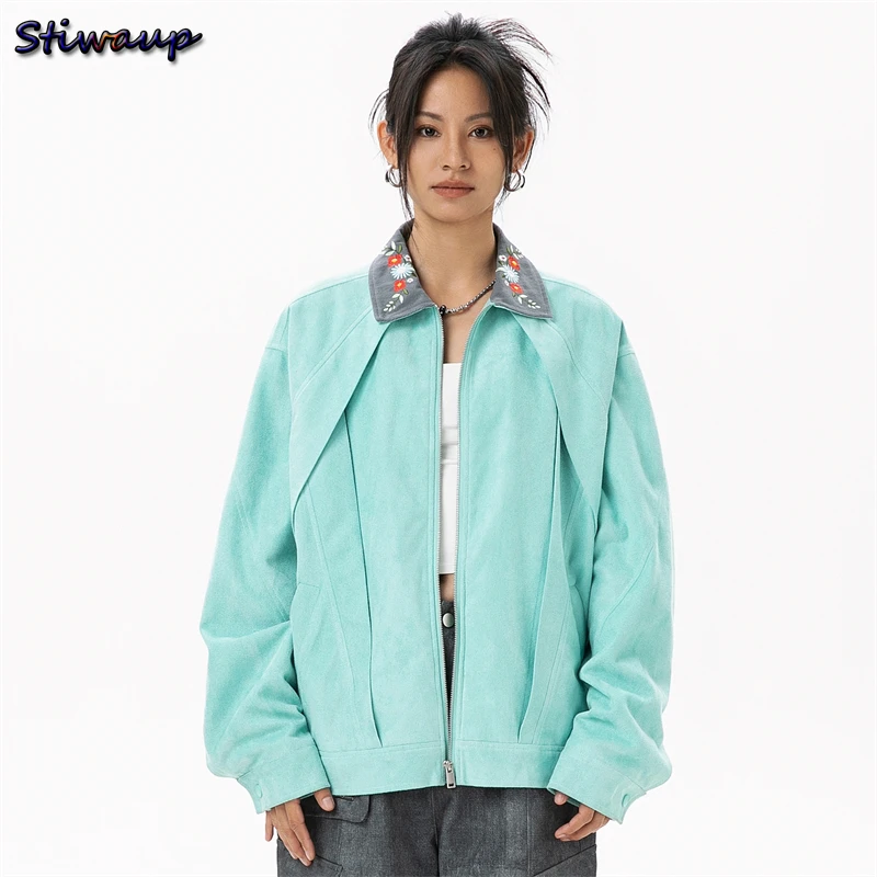 Jackets for Women 2024 Fall New in Outerwears Light Green Fashion Women\'s Bomber Jacket Lapel Embroidery Female Outdoor Clothes