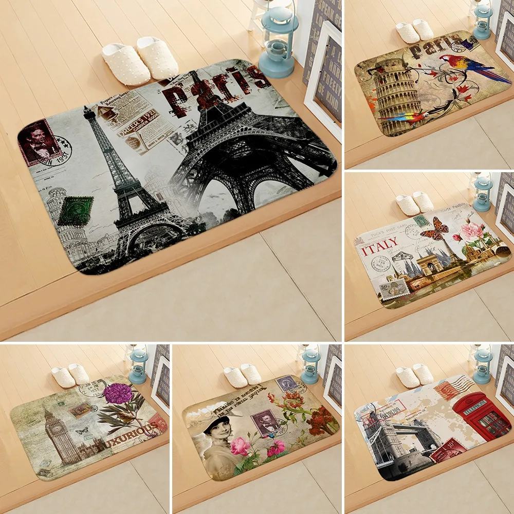 Vintage Postcard Style Flannel Doormats Paris London Italy Scenes with Stamps and Landmarks Non - Slip Floor Mats for Home Decor