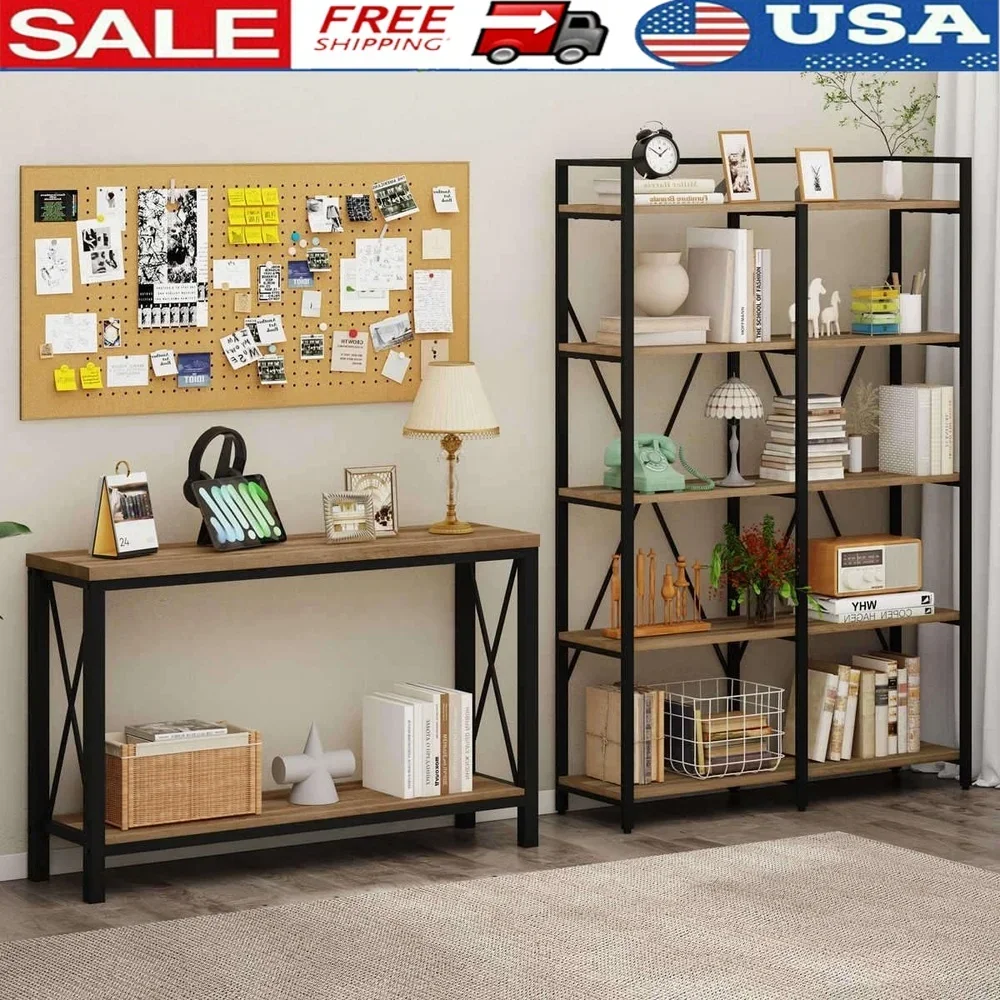 

Sofa Console Table Industrial Bookshelves 5 Tier Etagere Storage Organizer MDF Metal Frame Living Room Office Bedroom Furniture