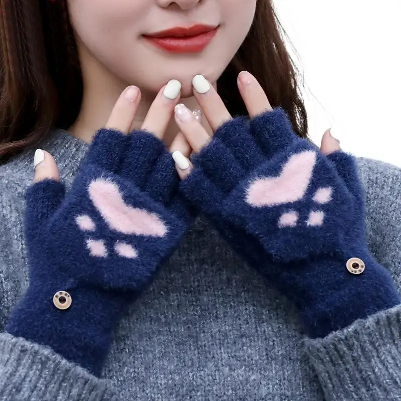 Dicke warme Katzenhandschuhe für Damen, modische Katzenpfoten-Plüschhandschuhe für Mädchen, weiche Plüsch-Kurzhandschuhe, fingerlose Winterhandschuhe. – Detail 8