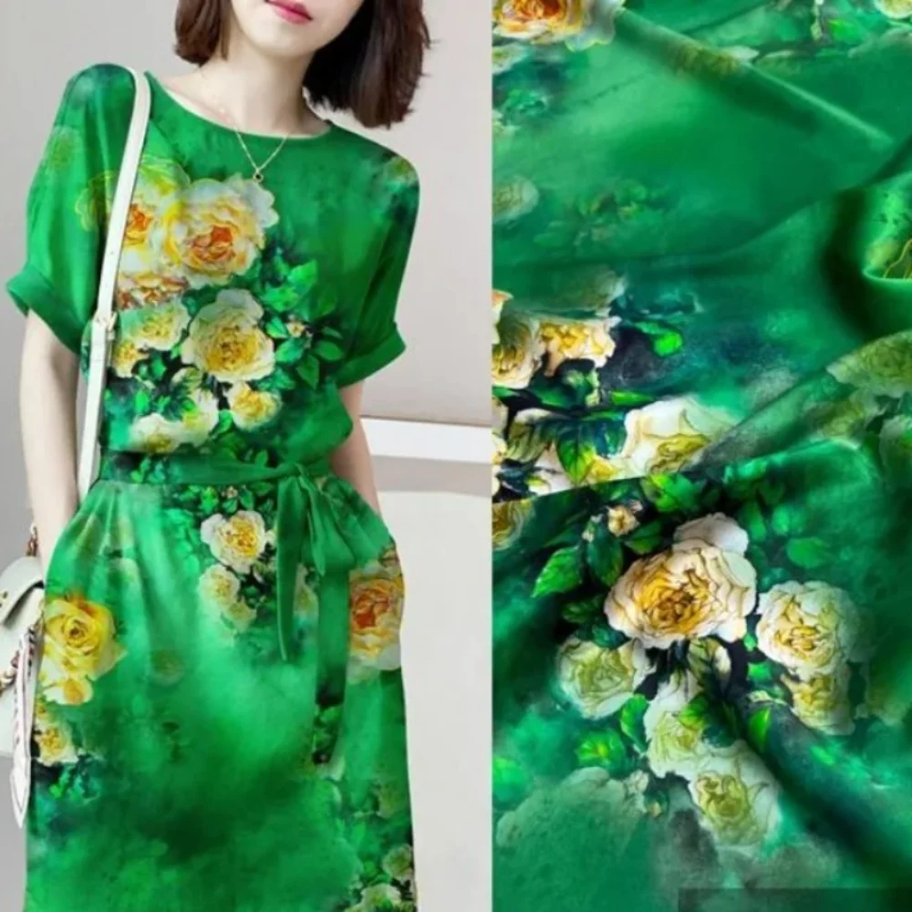 

Широкая эластичная атласная шелковая ткань с бирюзовым принтом и пионом, платье Cheongsam, драпированное модное шитье своими руками, оптовая продажа ткани по метрам