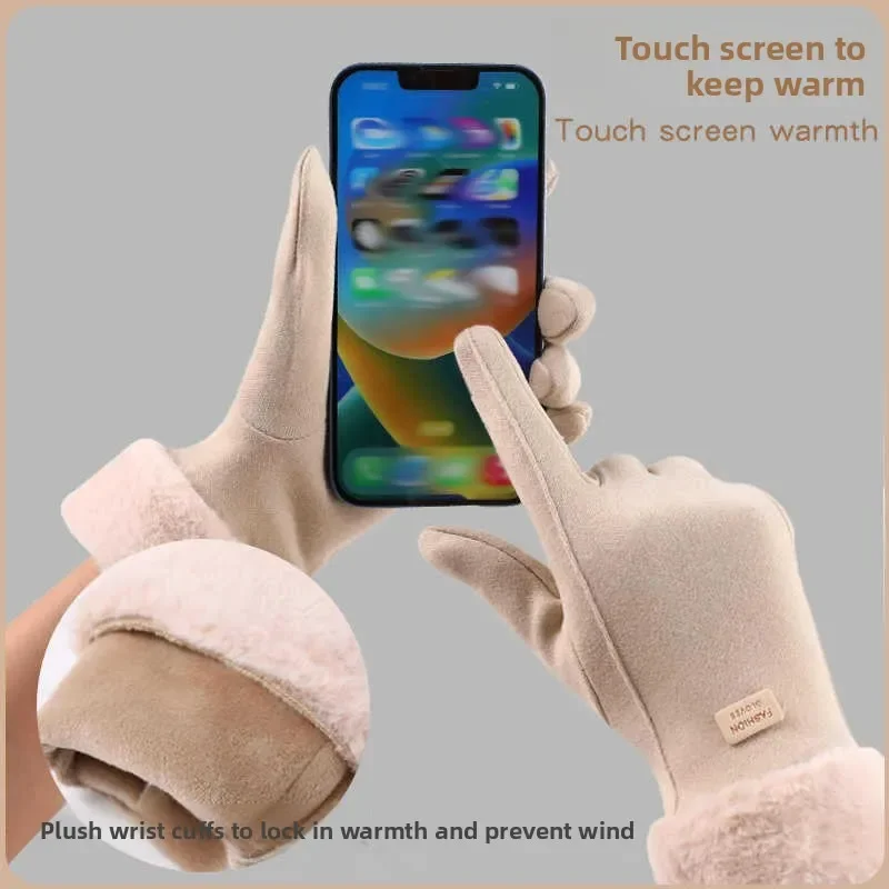 Women Winter Velvet Thickened Warm Touch Screen Gloves Electric Scooter Riding Cold Weather Windproof Protective Gloves