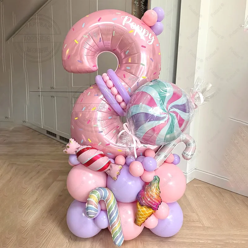 เสาลูกโป่งธีมอมยิ้มสีชมพูหวาน พร้อมตัวเลขขนาด 32 นิ้ว สำหรับงานวันเกิดเด็กผู้หญิง ไอศกรีม ของตกแต่งงานปาร์ตี้ ของขวัญเด็ก ของเล่น
